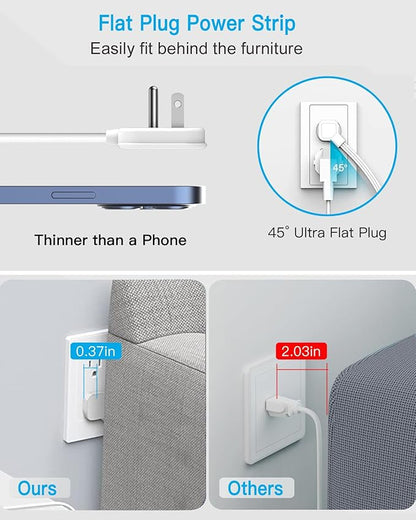 Flat Plug Outlet Extender with 3 USB Wall Plug(1 Type C), 4 AC Socket Wall Adapter, Electrical Outlet Extender, Power Strip Surge Protection with 8 ft Thin Extension Cord. White