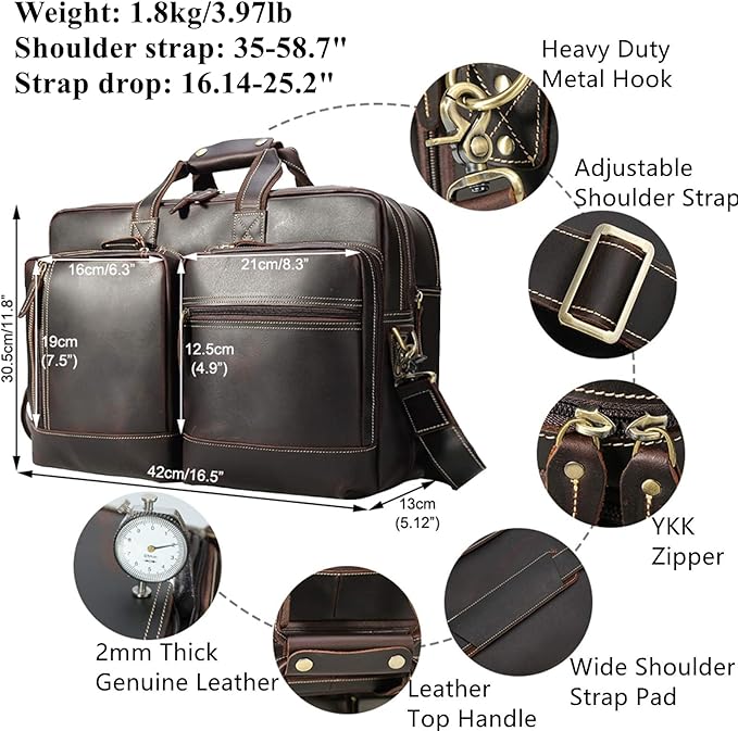 Leather Briefcase for Men Expandable Large 17 Inch Laptop Crossbody Shoulder Bag Business Travel Duffel Attache Case