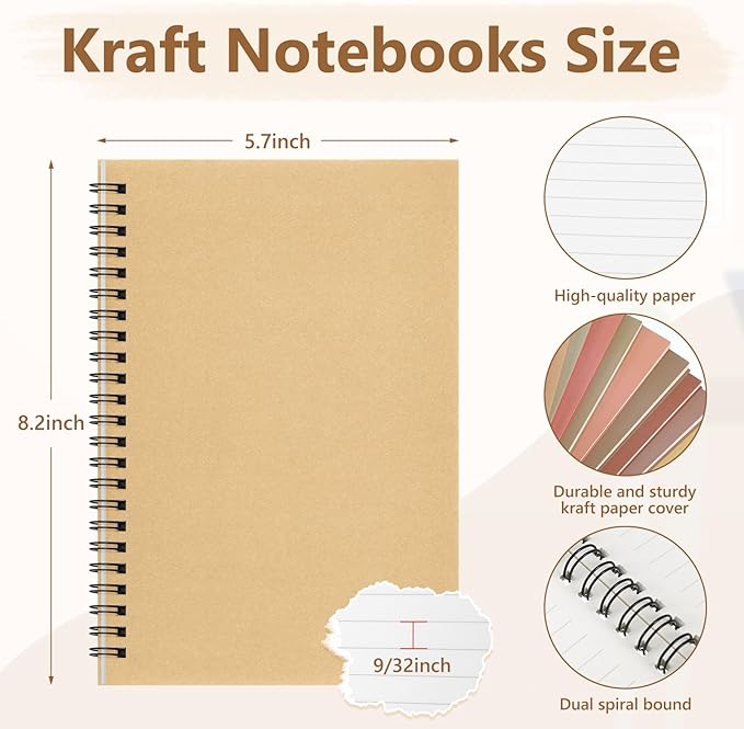 Fuutreo 24 Pcs Spiral Notebook for Work A5 8.3 x 5.7 Inch College Ruled Spiral Journal Notebook Kraft Cover, 12 Color, 60 Sheets, 120 Pages for Office School Supplies(Nuts Color)