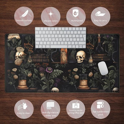 Vintage Aesthetic Desk Mat Black Academia Desk Mouse Pad XL Extended Large Gaming Desk Mousepad Mystical Green Plant Computer Laptop Keyboard and Mouse Mat Desktop Protector Mat 31.5 x 15.8 in