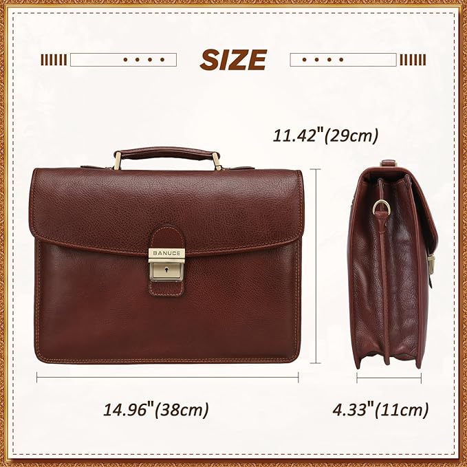 Banuce Slim Vintage Full Grain Italian Leather Briefcase for Men with Lock 14 Inch Laptop Bag Business Work Bags Attache Case Brown