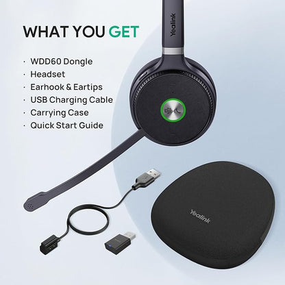 Yealink WH62 Wireless Headset with DECT Dongle, Ultra Portable Headset for Teams & Zoom, Skype Certified, Office Headphone with Noise Canceling Mic for Computer PC Laptop VoIP/SIP Phone,393 ft Range