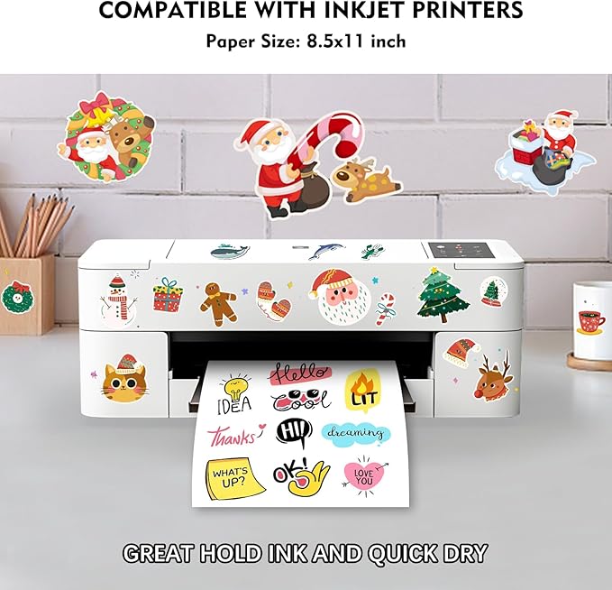 60 Sheets Premium Printable Vinyl Sticker Paper for Inkjet Printer, Glossy White Waterproof, Dries Quickly, Vivid Colors, Tear Resistant, 8.5x11 Inkjet Vinyl Sticker Paper Great for Cutting Machines