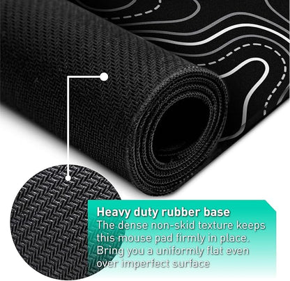 Minimalist Topographic Map Mouse Pad - Contour Extended Large Stitch Edge Mousepad. Black & White Non-Slip XL Gaming Desk Mat
