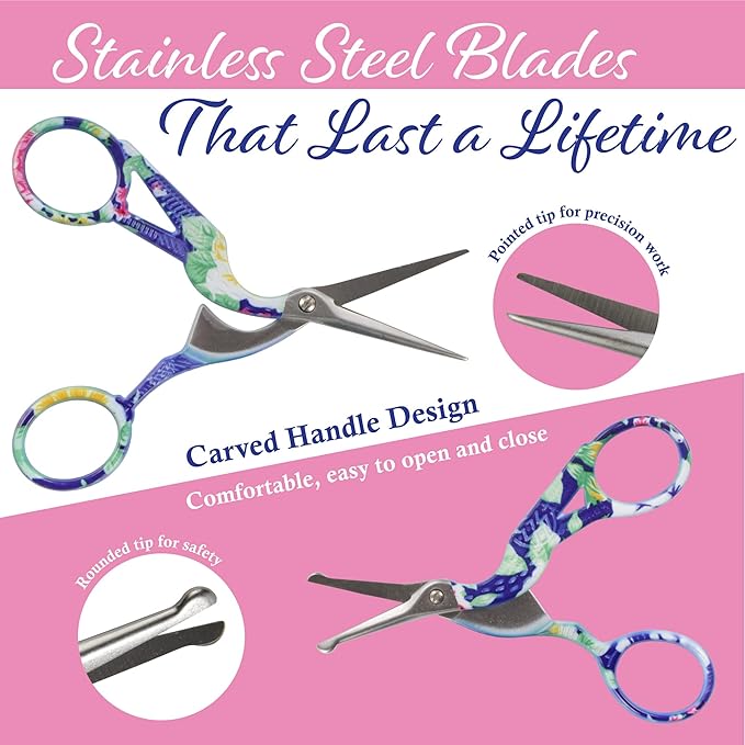 Stork Bird Rounded Safety Tip Embroidery Craft Stainless Steel Crane Scissors - Blue - 6 Pairs