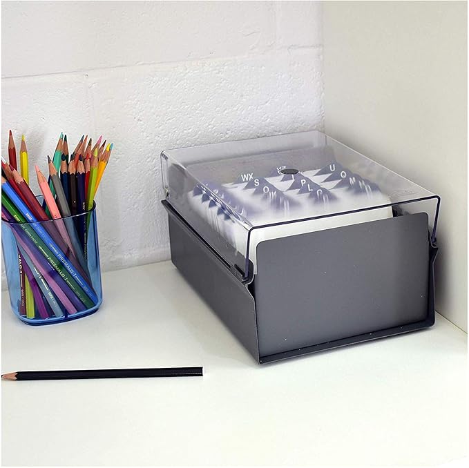 Acrimet 4 x 6 Card File Holder Organizer Metal Base Heavy Duty (AZ Index Cards and Divider Included) (Gray Color with Clear Crystal Plastic Lid Cover)