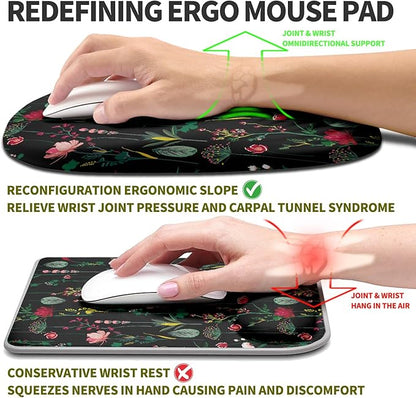 Hokafenle Ergonomic Mouse Pad Wrist Support, Terraced Slope Carpal Tunnel Wrist Pad for Mouse with Unibody Memory Foam, Wrist Rest Pain Relief Mousepad (Flower Vine, 11.8x7.9 in)
