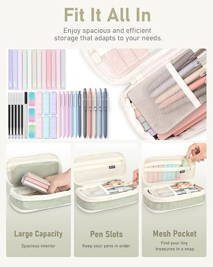 Four Candies 39 PCS Aesthetic School Supplies with Cute Pen Case, 12 Pastel Highlighters, 5 Black Ink Gel Pens, 6 Mechanical Pencils Set 0.5 & 0.7 mm for Students Stationary College Essentials (Green)