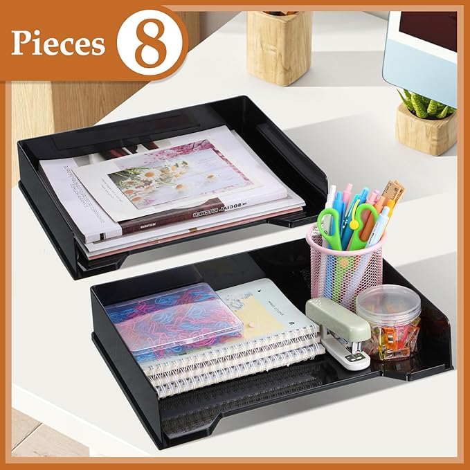 8 Pcs Stackable Letter Tray Rectangular Plastic Desk Organizer 13 x 9.5 x 2.6 in Paper Holder File Tray Accessories Rack for Desktop Office Desk Drawers (Black)