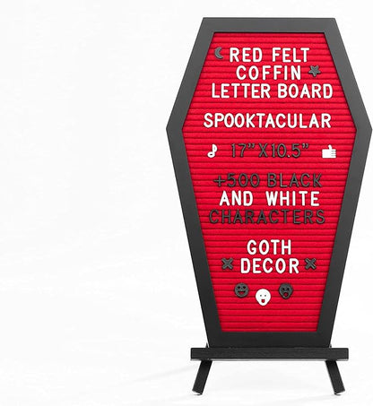 Coffin Letter Board Red With Spooky Emojis +500 Characters, and Wooden Stand - 17x10.5 Inches - Goth Valentines Gifts Horror Spooky Gothic Valentines Day Halloween Decor Decorations