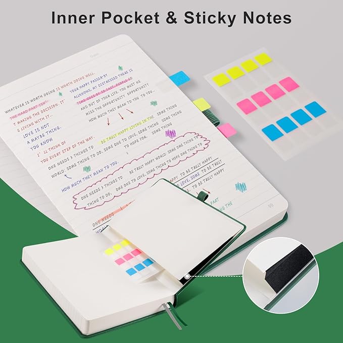 EMSHOI Lined Journal Notebook, 320 Numbered Pages, A5 College Ruled Notebook, with 100 GSM Thick Paper, Hardcover Leather, Contents, Stickers, Inner Pocket, Pen Holder, 5.75 x 8.38-Dark Green