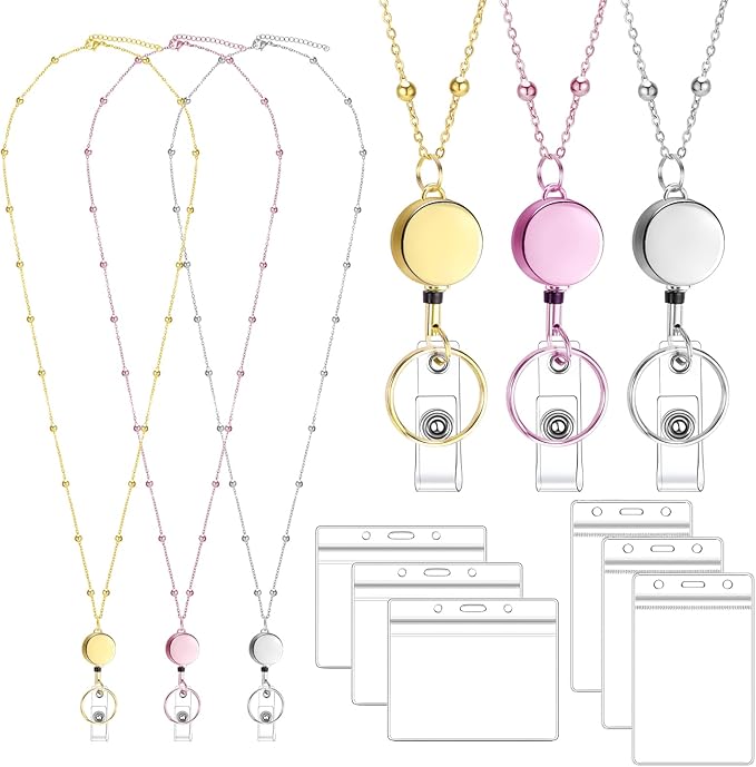 Lanyards for Id Badges 3 Pack Badge Lanyard with 6 Pcs Id Badge Holder Retractable Stainless Steel Teacher Lanyards Cruise Ship Lanyards for Girl Women (Gold, Silver, Pink)