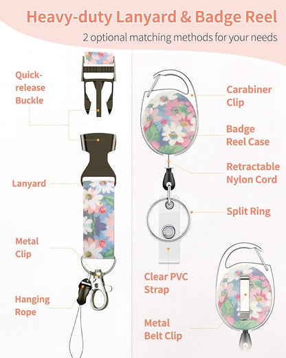 Uniclife Floral Sliding Badge Holder Wild Flower Plastic Case with Retractable Badge Reel Carabiner Clip & Detachable Lanyard Strap Fashionable Vertical Card Protector for Women Teacher Student