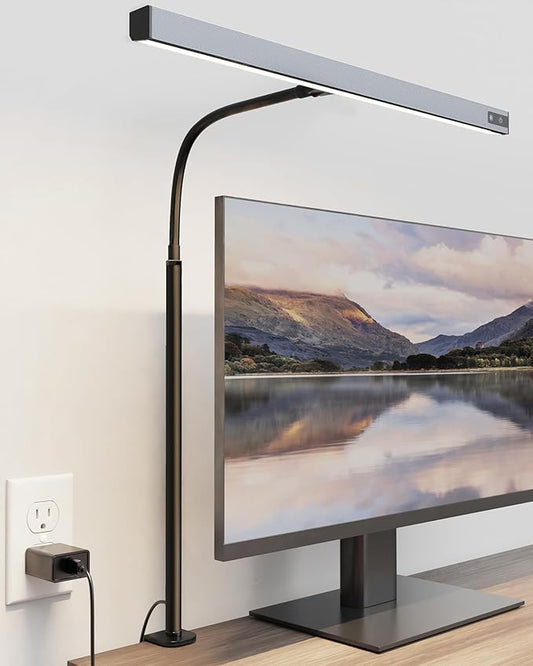 SUPERDANNY LED Desk Lamp for Office Home, Eye-Caring Desk Light with Adjustable Gooseneck, 12W Touch Control Dimmable Brightness, Architect Clamp Lamp with USB Adapter, Grey