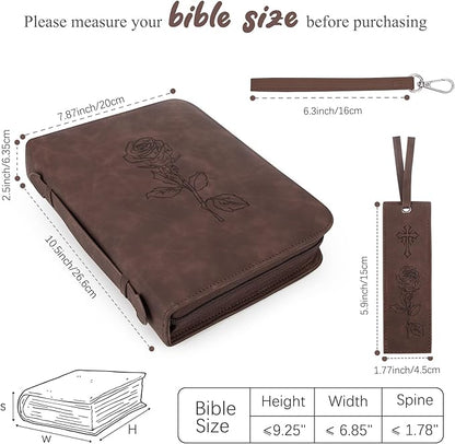 Bible Covers for Women & Men, Leather Bible Case with Rose Bookmark, Bible Supplies Carrying Bag Tote with Strap, Personalized Book Organizer for Study Journaling Bible-Dark Brown