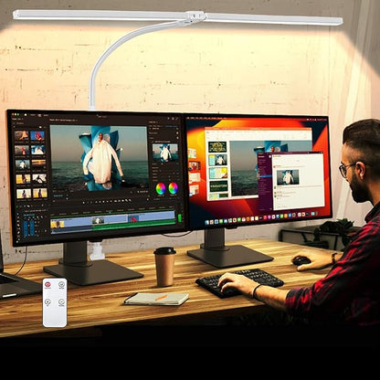 Double Head LED Desk Lamp with Remote Control Tall Desk Lamps for Home Office 24W Brightest Computer Desk Light Office Lamp for Workbench Drafting Architect Study Reading with Anti-Glare Cover