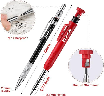 Enhon 6PCS Carpenters Pencils Mechanical Pencil Set with 24 Refills and Carbide Scriber Tool, Deep Hole Woodworking Pencils Joiners Pencil Carpenter Tools with Sharpener for Architect Construction
