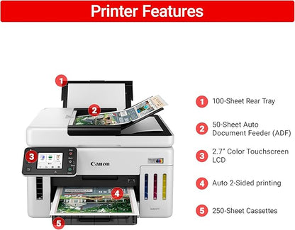 Canon Megatank GX6120 Wireless All-in-One Printer, Print, Scan and Copy, with 2.7" LCD Touch Screen and Auto Document Feeder, White