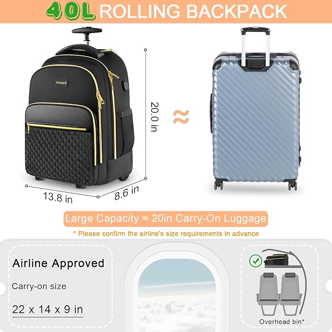 Rolling Backpack Carry On Luggage For Adults With Wheels, 40L Wheeled Backpack For Women, Travel Roller Backpack, Rolling Bag, Black Gold