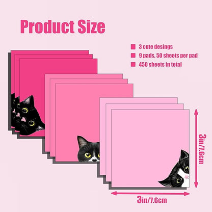 9 Pads Black Cat Sticky Notes Set, Pink Self-Stick Note Pads, Super Adhesive Memo Pads Cute Note Card for Cat Lover Gift, Teacher Office and School Supplies, 3x3in