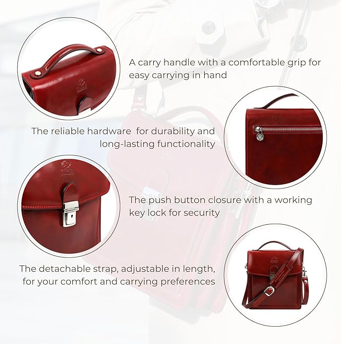 Time Resistance Small Leather Briefcase for Men - Crossbody Bag - Italian Leather Messenger Bag - Gift Box Included