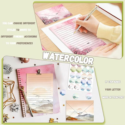 TaoBary 160 Packs Stationery Paper Set (50 Double Sided Stationery Writing Papers 50 Matching Envelopes) 60 Round Dot Sticker, 10 Design(Ink Painting,8.5 x 11 Inch)