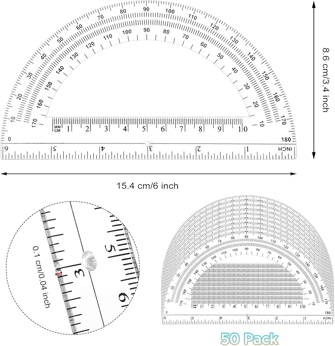 Zonon 50 Pieces Plastic Protractors Bulk Classroom Clear Math Protractors 180 Degrees 6 Inch Protractors for Geometry Student, Angle Measurement, Students Back to School Supplies Office Supplies