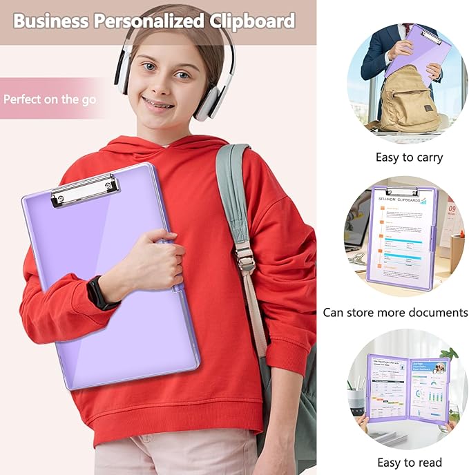 Clipboard with Storage,Heavy Duty Clip Boards 8.5x11 with 2 Storage Case,Clear Visible Top Panel Storage Clipboards,Side Opening Clip Boards,Nursing Clipboard Folder Case for Office Supplies-Purple