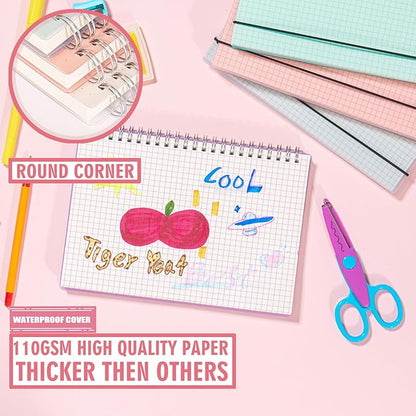 4 Pack Graph Notebook, 5.9 x 8.3 Inches Spiral Notebooks for Work, School and Journal with 110 GSM Graph Paper, Small Notebook with 80 Sheets/160 Pages, Hardcover Grid Paper Notebook