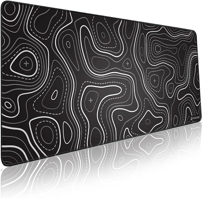 Minimalist Topographic Map Mouse Pad - Contour Extended Large Stitch Edge Mousepad. Black & White Non-Slip XXL Gaming Desk Mat