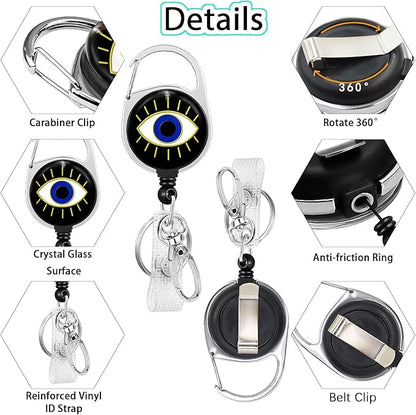 Evil Eye Badge Reel Retractable Heavy Duty with 360°Swivel Carabiner Clip, Cute ID Badge Holder Retractable, ID Card Holder Retractable Keychain Name Badge Clip, Nurse Teacher Gifts
