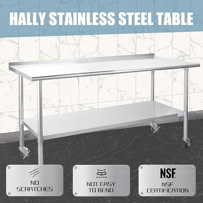 HALLY Stainless Steel Table for Prep & Work 24 x 72 Inches with Caster Wheels, NSF Commercial Heavy Duty Table with Undershelf and Backsplash for Restaurant, Home and Hotel