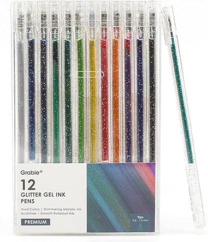 Grabie glitter gel pens,12 Colors Gel Pens for Coloring,Metallic Vibrant Sparkle Colorful Pen,Fine Tip Markers Colored Neon Gel Pens for Adult Coloring Books, Sparkle Pen, Gelly Roll Pens