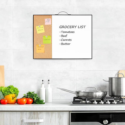 Small Cork Board Whiteboard Combo - 12" X 16" Portable Aluminum Black Framed Magnetic Dry Erase Board for Wall, Mini Bulletin CorkBoard with a Handle for Office, Home and School