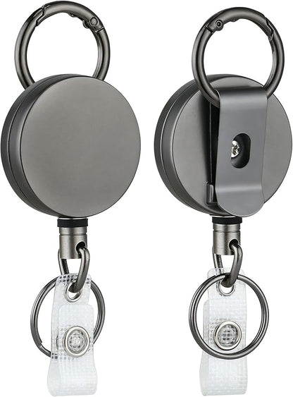 Will Well ID Badge Holder Reel with Clip and Keyring - Heavy-Duty All-Metal Casing with 27.5" UHMWPE Fiber Pull Cord for Durability and Easy Access, Holds up to 8 Keys - 2-Pack, Round, Glossy Silver