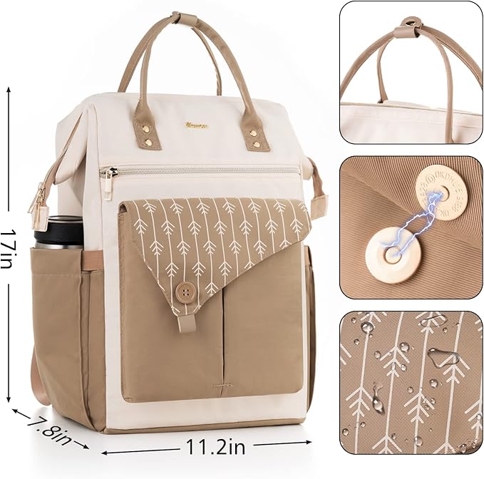 MOMUVO Laptop Backpack for Women with USB Port, Student Bookbag Water Resistant Backpacks Teacher Doctor Nurse Work Stylish Travel Bags, Fits 17-Inch Laptop Khaki Beige
