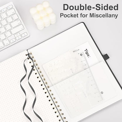 AHGXG Bullet Dotted Journal Spiral Notebook, Large B5 Dotted Notebook 140 Pages, Leather Hardcover, 100 GSM Thick Dot Grid Paper, Inner Pocket, for Bullet Journaling, 7.6" x 10", Black