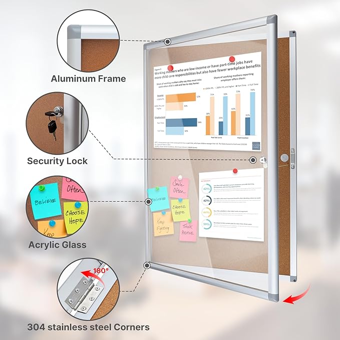 Outdoor Enclosed Cork Bulletin Board Tamper-Proof Dispaly Case, Aluminium Frame, Weatherproof Cork Noticeboard, Enclosed Cork Board for School, Office, Restaurant, Hospital etc（38 * 26inches）
