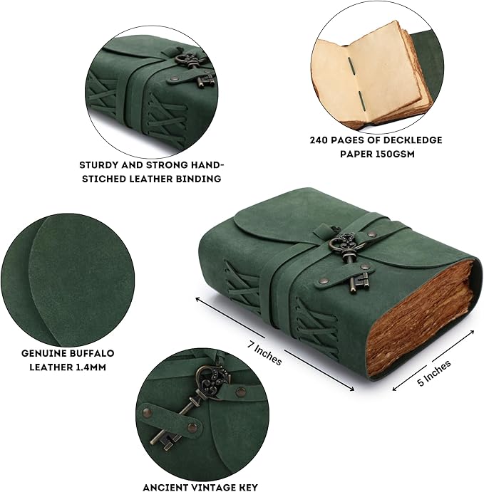Fausta Vintage Handcrafted Leather Journal with Key for Writing, 240 Pages 7 x 5 inches, Deckled Cotton Paper Notebook/Diary for Men and Women 150 GSM Drawing/Sketchbook, Hunter Green