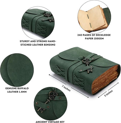 Fausta Vintage Handcrafted Leather Journal with Key for Writing, 240 Pages 7 x 5 inches, Deckled Cotton Paper Notebook/Diary for Men and Women 150 GSM Drawing/Sketchbook, Hunter Green