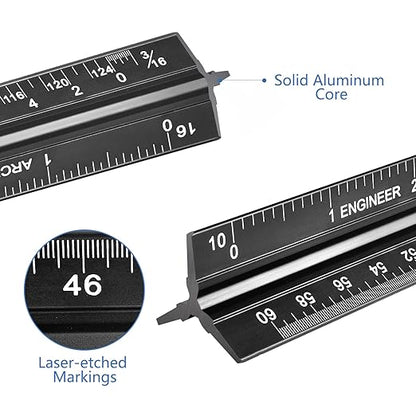 Architectural&Engineering Triangular Scale Ruler, 12 Inch Architectural Scale Ruler Set, Laser-Etched Aluminum with Stainless Steel Ruler for Architects, Students, Draftsman, Engineers (3 PCS)
