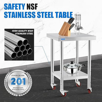 Stainless Steel Table for Prep & Work with 4 Caster Wheels with Undershelf 18 x 24 NSF Metal Commercial Kitchen Prep Table with Adjustable Under Shelf Worktable for Restaurant Home Outdoor