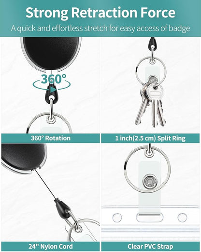 Uniclife 5 Pack Retractable Badge Reel for Badge Holder Heavy Duty Retractable Keychain Strong ABS Casing with Stainless Steel Spring Coil 24 Inch Nylon Rope Carabiner Clip and Key Ring
