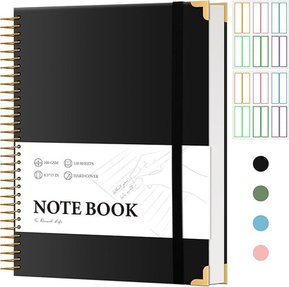 FLYING EAGLE Black Spiral Notebook College Ruled 8.5 X 11 with Tab Stickers Large Hardcover Notebooks for School Supplies A4 Note Book Journal Notebooks for Work Note Taking Office, 200 Pages