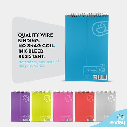 Enday Steno Pads Spiral 6 x 9 inches, Gregg Rule White Paper, 80 Sheets Steno Notebook for writing in Pink, Purple, Green, Blue, Red, Grey, Color May Vary (3 Pack)