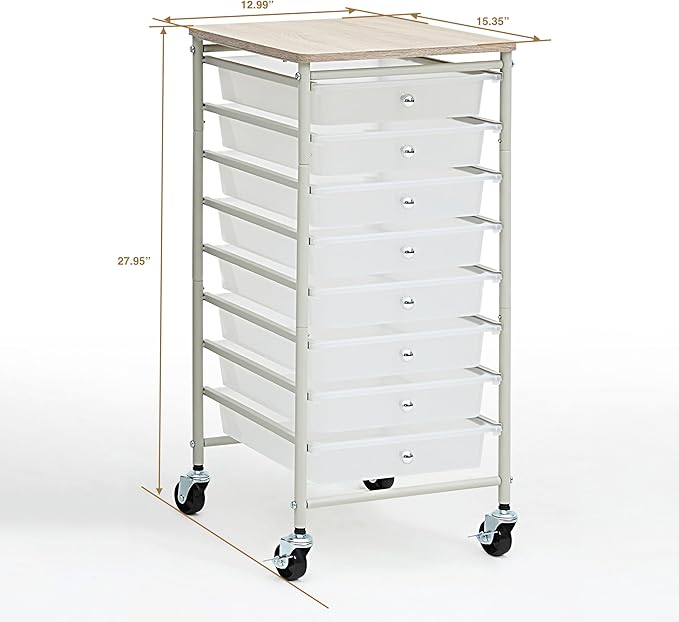 SunnyPoint Wooden Top Compact Rolling Storage 8 Drawers Organizer Mobile Utility Cart, Under Desk Storage Cart with Caster Wheels (Compact 8 Drawers, White)