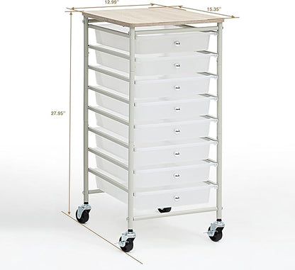 SunnyPoint Wooden Top Compact Rolling Storage 8 Drawers Organizer Mobile Utility Cart, Under Desk Storage Cart with Caster Wheels (Compact 8 Drawers, White)