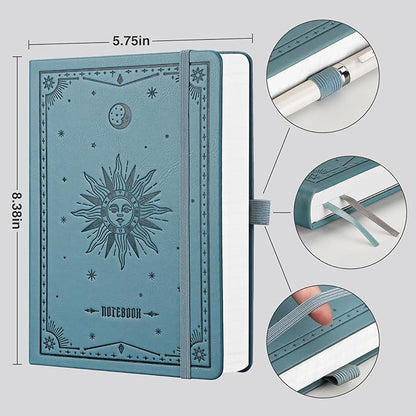 EMSHOI A5 Hardcover Leather Journal - 320 Pages, 100GSM Thick Notebook Lined Journal for Writing Women & Men, College Ruled, Sun Design- Light Blue (5.75" x 8.38")