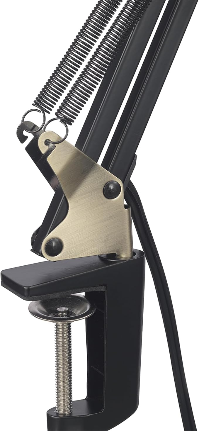 Globe Electric 62000009 32" Multi-Joint Desk Lamp with Metal Clamp, Matte Black, Antique Brass Accents, On/Off Rotary Switch on Shade, Partially Adjustable Swing Arm, Home Décor, Office Accessory