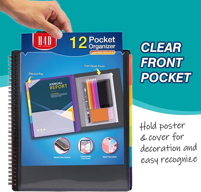 H4D 12 Pocket Poly Project Organizer, Spiral Multi Pocket Folder Organizer, Multi-Subject Folder Notebook, Letter Size